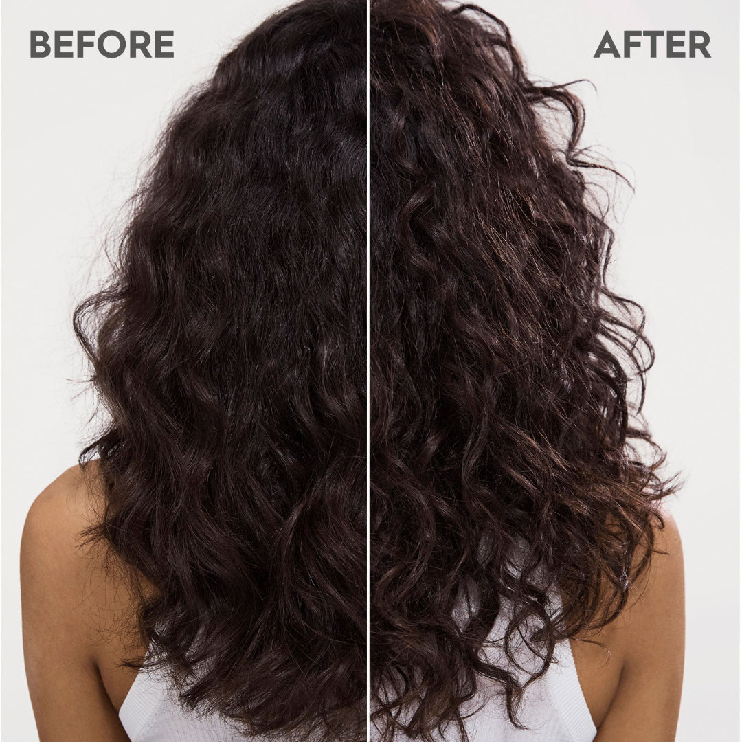 Before and after comparison of wavy hair with a person wearing a white top.