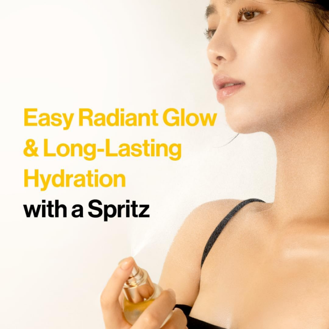 Woman holding a spray bottle with text about easy radiant glow and long-lasting hydration.