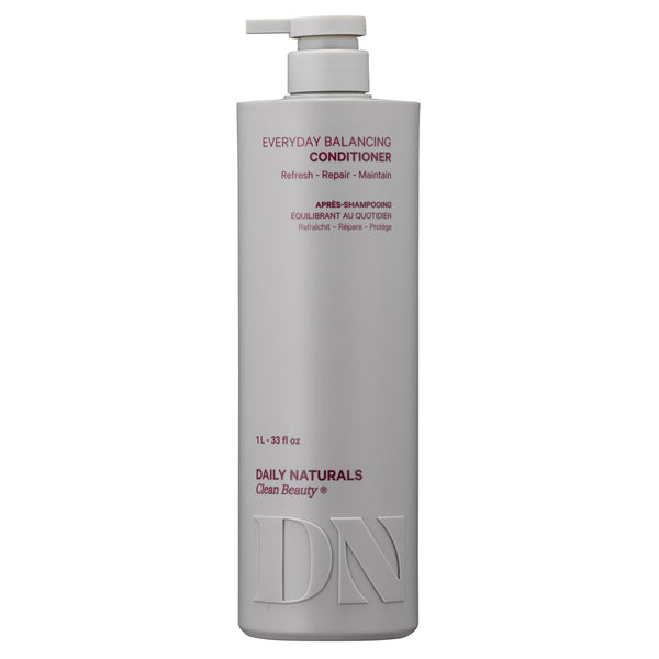 A 1-liter bottle of DN Daily Naturals Everyday Balancing Conditioner, featuring a light gray body with a white pump dispenser and dark red text, set against a plain white background.
