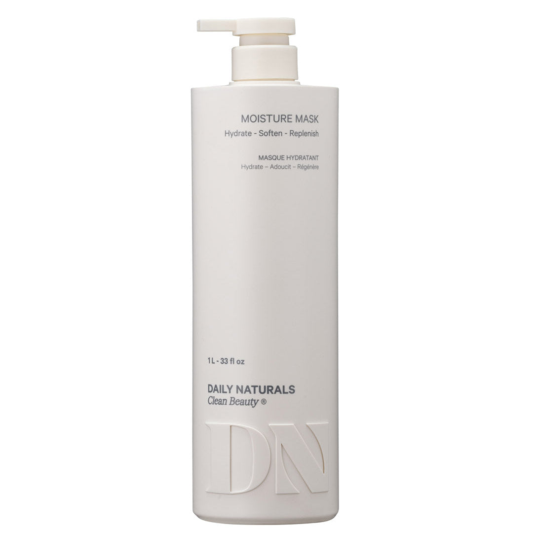 A tall, white pump bottle of Daily Naturals Moisture Mask Clean Beauty on a solid white background.