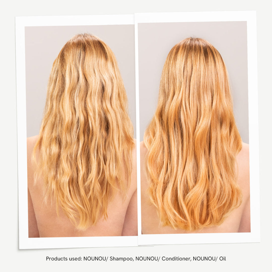 Before and after comparison of long, wavy hair with NOUNOU products.