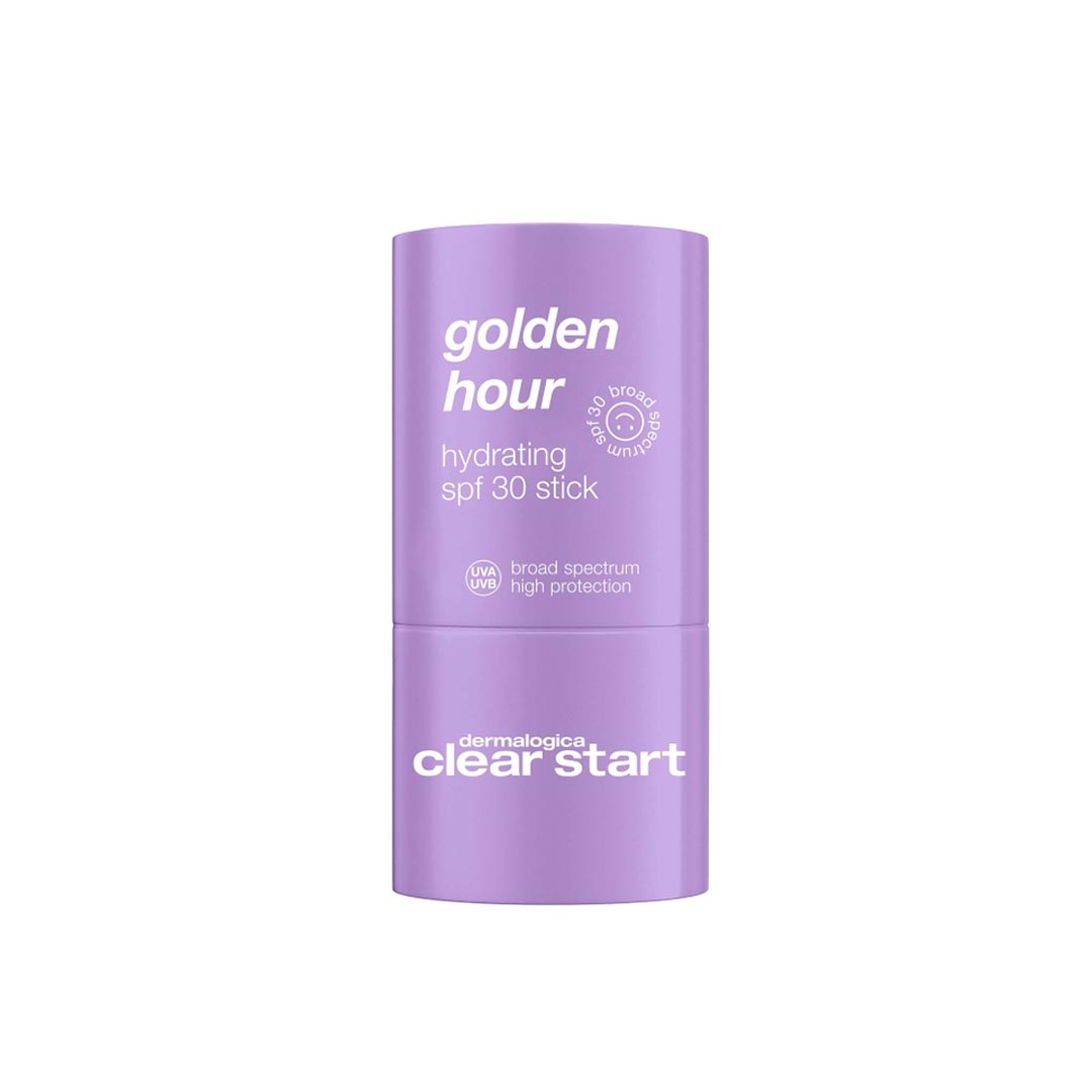 Purple stick of Dermalogica Clear Start Golden Hour Hydrating SPF 30 Stick on a white background
