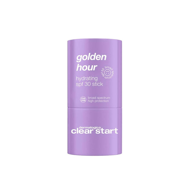 Purple stick of Dermalogica Clear Start Golden Hour Hydrating SPF 30 Stick on a white background