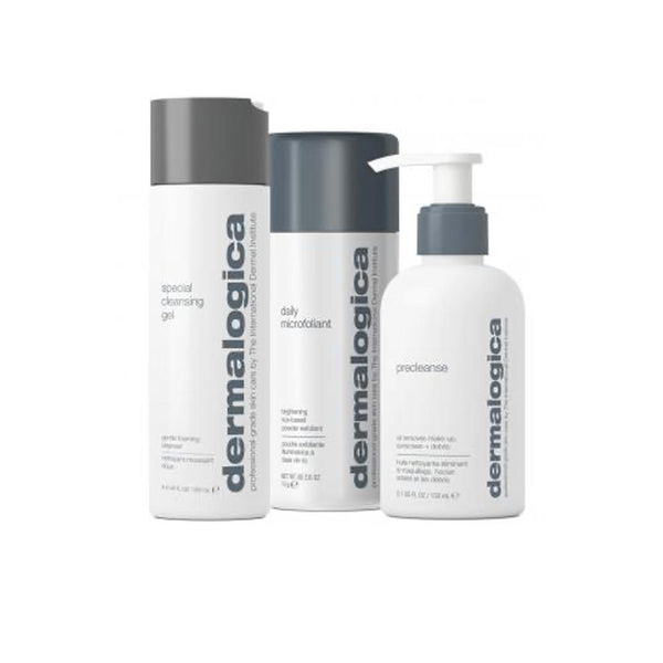Three Dermalogica skincare bottles and a box on a white background: Special Cleansing Gel, Daily Microbial, and Grace cleanse.