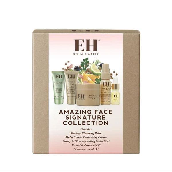 Emma Hardie skincare collection packaging with products and branding on a white background