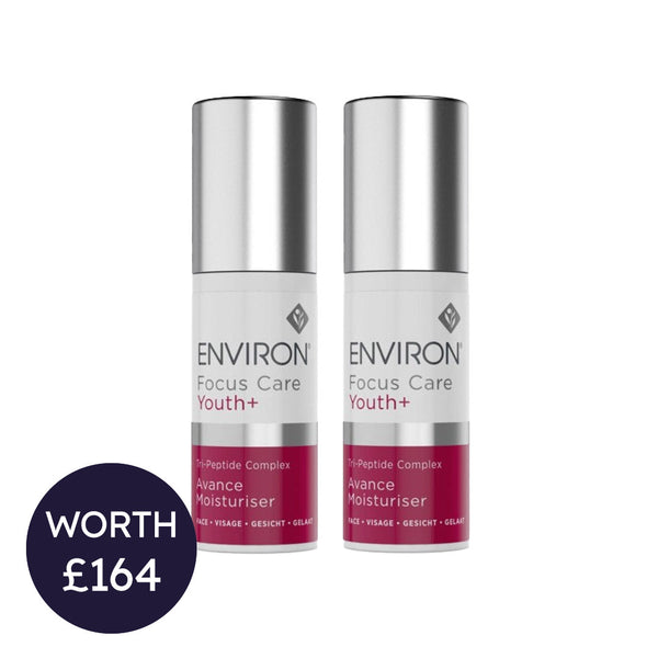 Two bottles of Environ Focus Care Youth+ Avance Moisturiser on a white background with a worth label.
