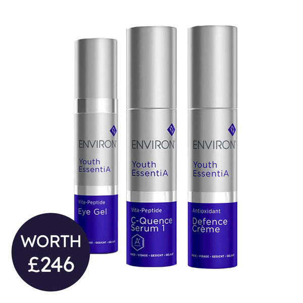 Three skincare bottles from Environ on a white background