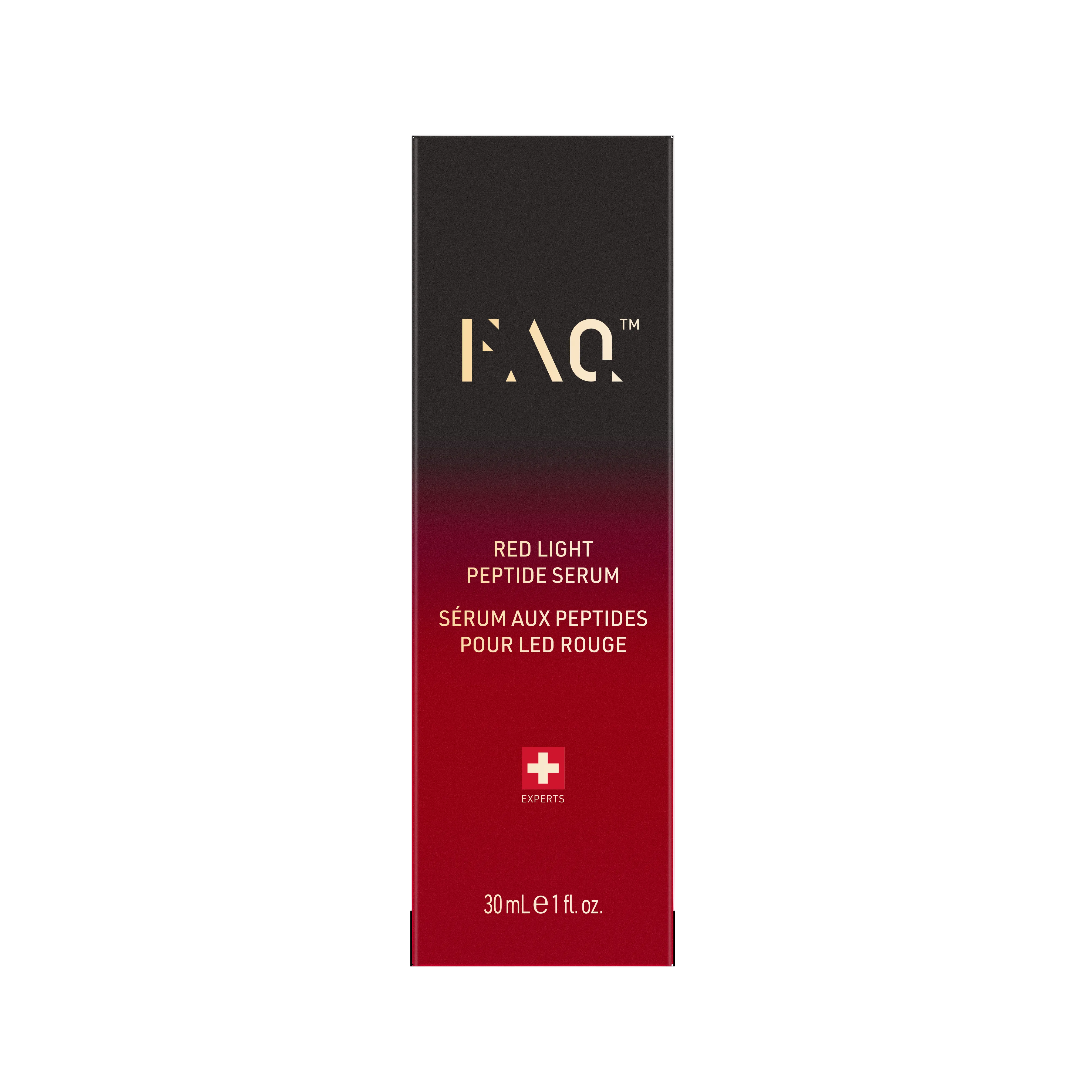 FAQ Red Light Peptide Serum box, featuring a black-to-red gradient design with gold and white text, on a clean white background.