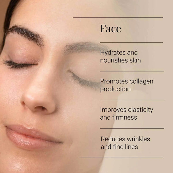 Close-up of a woman's face with text highlighting skincare benefits.