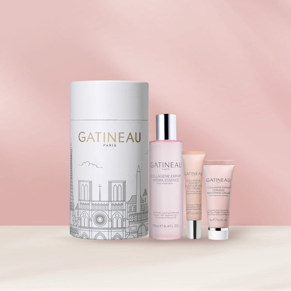 Gatineau skincare products on a light pink background