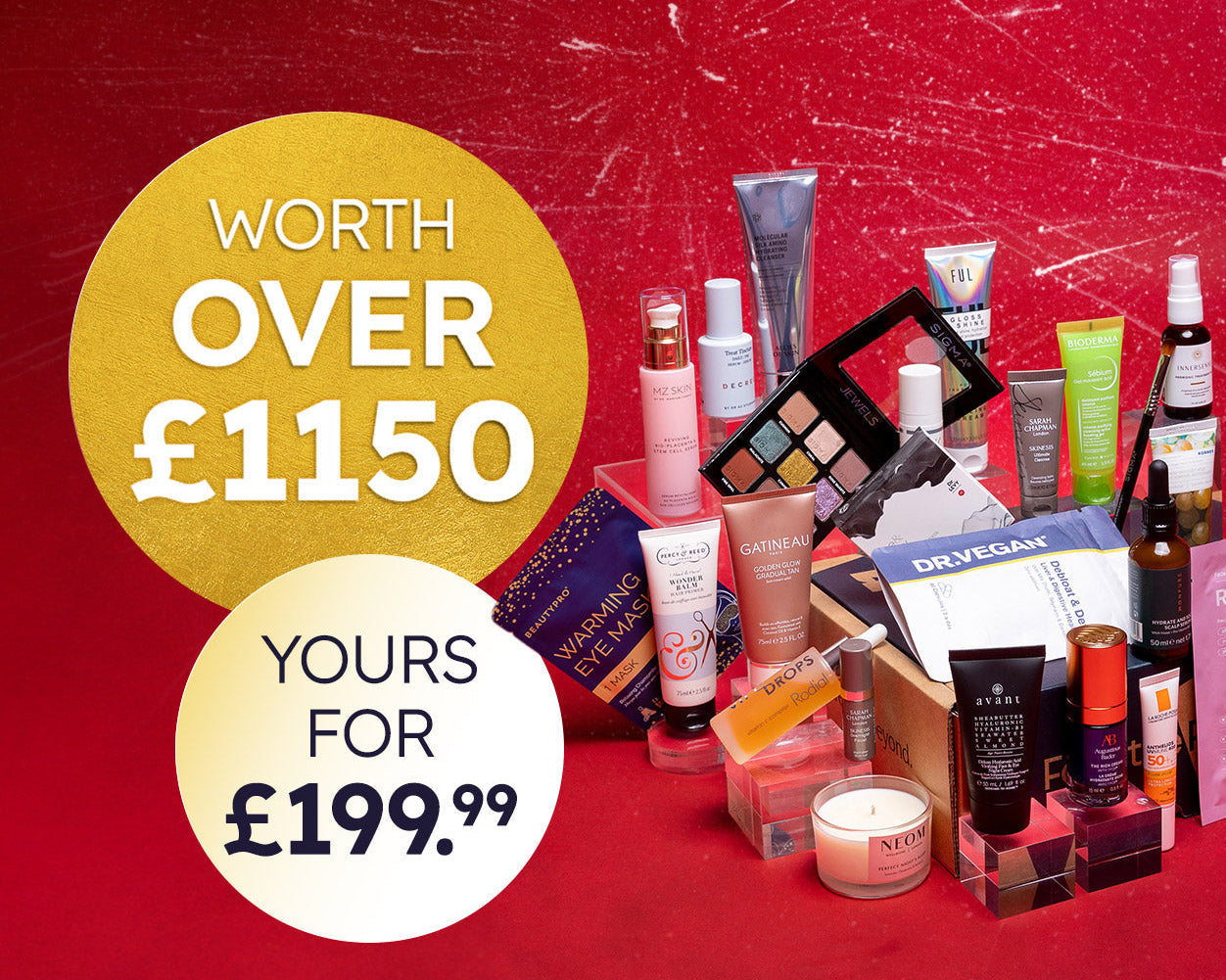 Collection of beauty products on a red background with promotional text.