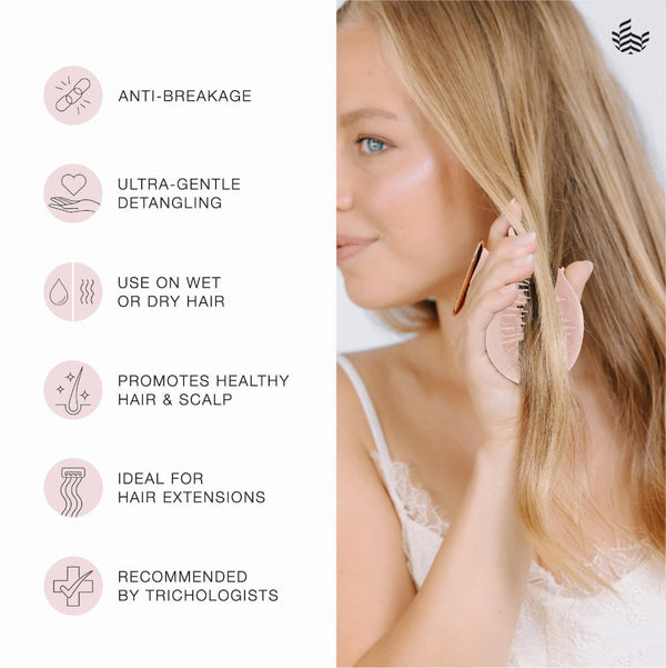 A blonde woman detangles her hair with a pink comb on the right side, while the left side lists product benefits including anti-breakage, ultra-gentle detangling, use on wet or dry hair, healthy hair and scalp promotion, ideal for hair extensions, and recommendation by trichologists.