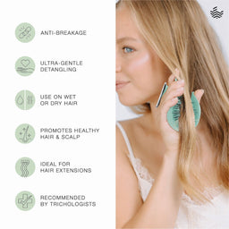 A woman with long blonde hair detangles her hair using a mint green detangling comb. The left side features a list of product benefits with icons and text: 'ANTI-BREAKAGE', 'ULTRA-GENTLE DETangling', 'USE ON WET OR DRY HAIR', 'PROMOTES HEALTHY HAIR & SCALP', 'IDEAL FOR HAIR EXTENSIONS', and 'RECOMMENDED BY TRICHOLOGISTS'.