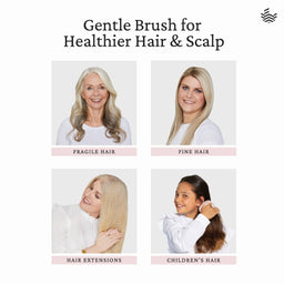 Promotional graphic for a gentle hair brush, featuring the text 'Gentle Brush for Healthier Hair & Scalp' above four portrait panels showing different hair types: fragile hair, fine hair, hair extensions, and children's hair. A small wave-like logo appears in the top right corner.