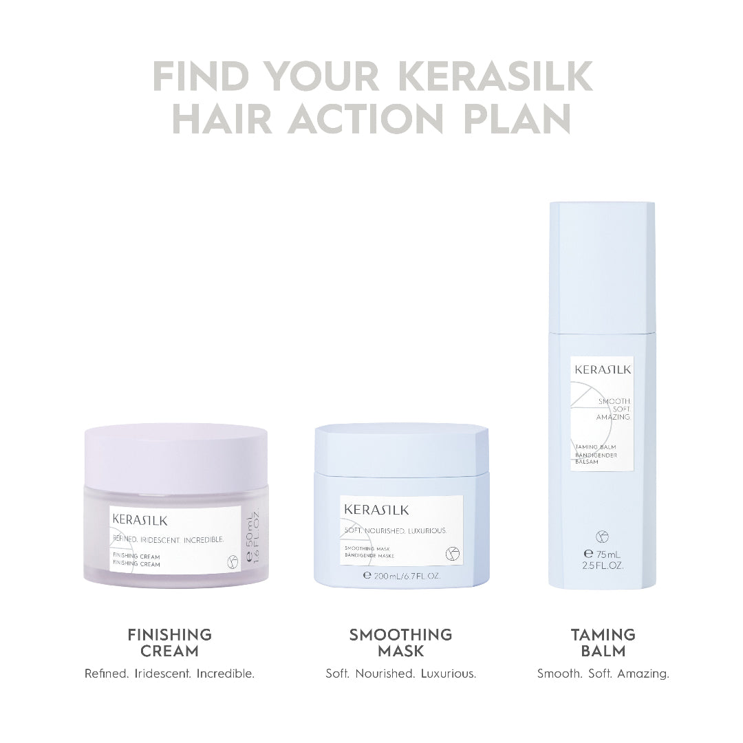 Kerasilk hair care products including a cream, mask, and balm on a white background.