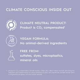 Product label with climate conscious, vegan formula, and free from sulfates, dyes, microplastics, and mineral oils on a purple background.