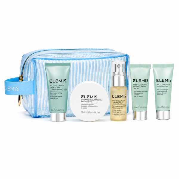 Elemis skincare gift set featuring a light blue and white striped zippered pouch, a blue strap, a round white jar, a pump bottle with gold liquid, and two mint green tubes, arranged on a white background.