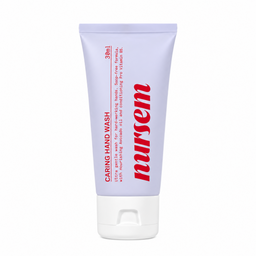 A 30ml squeeze tube of 'nursem' Caring Hand Wash, featuring a light lavender-purple body with red text and a white cap, set against a plain white background.