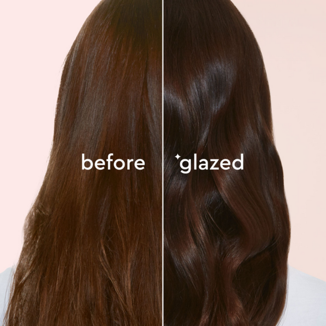 Before and after comparison of hair with 'glazed' effect on a pink background