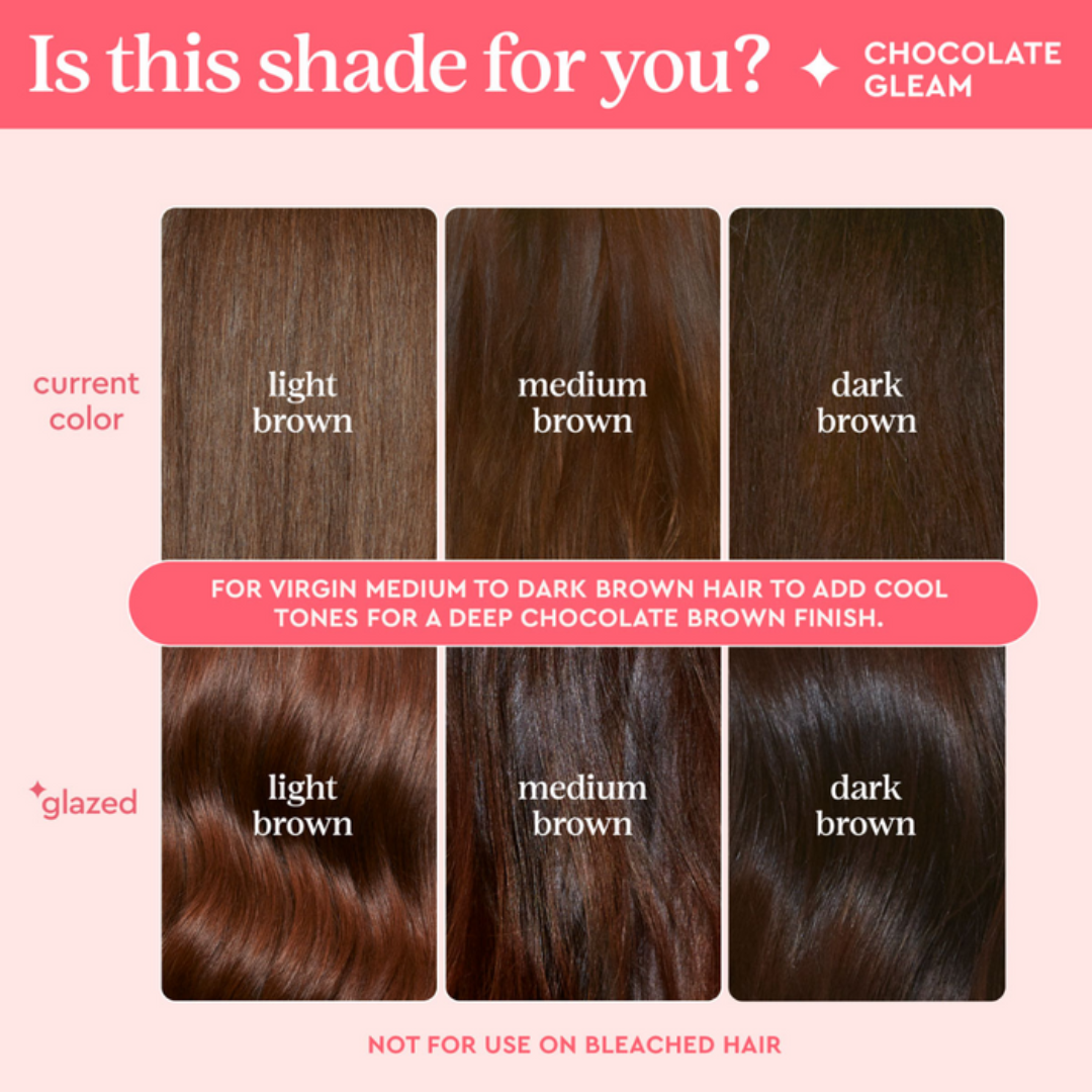 Hair color chart comparing light, medium, and dark brown shades with a pink background.