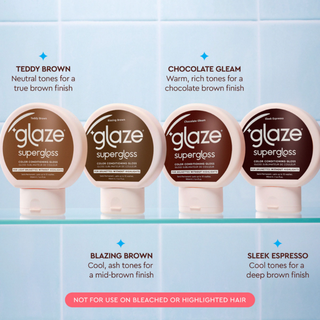 Four bottles of 'glaze supergloss' hair color glosses with color descriptions on a light blue background.