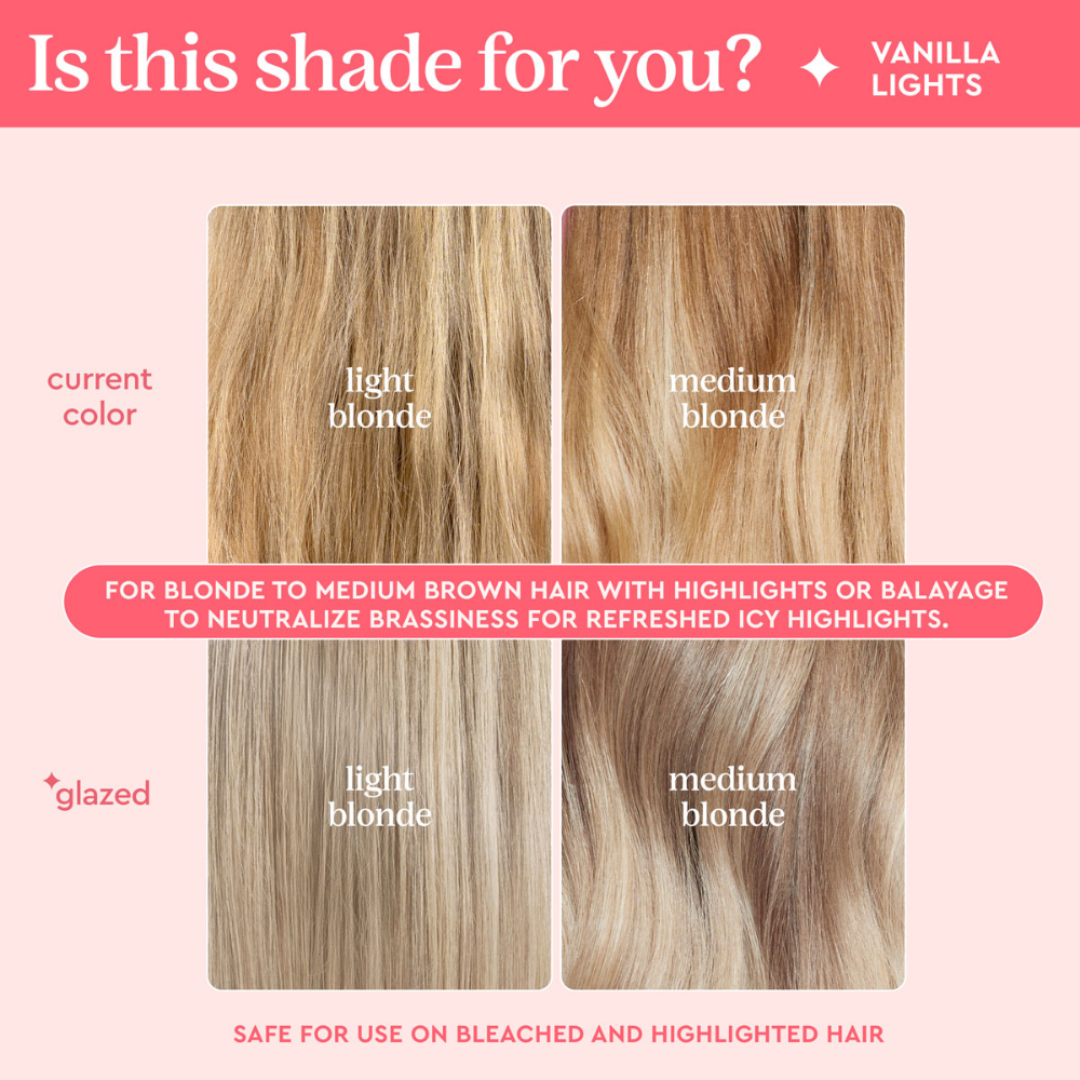 Hair color chart comparing 'current color', 'light blonde', 'medium blonde', 'glazed light blonde', and 'medium blonde' on a pink background.