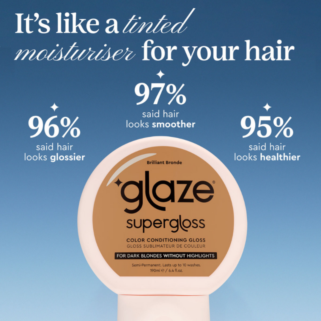Glaze Supergloss hair product with customer satisfaction statistics on a blue background