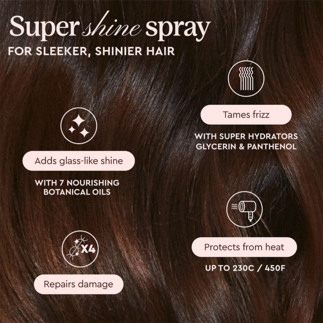Super shine spray for hair with text and icons on a close-up of brown hair.