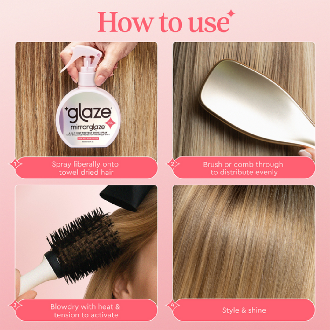 Instructions on how to use a hair product with text and images of application steps.