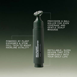 Hairline booster product with text highlighting features on a gradient background
