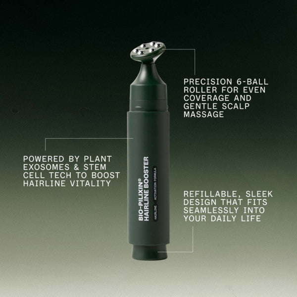 Hairline booster product with text highlighting features on a gradient background