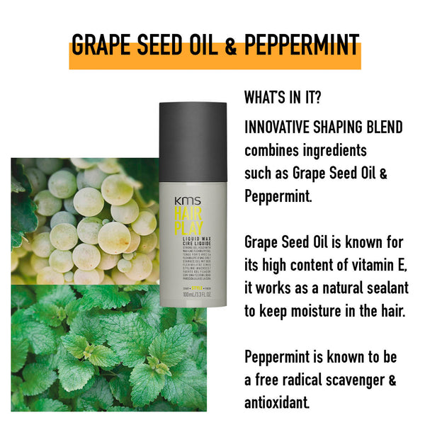 KMS hair product with grape seed oil and peppermint text and images
