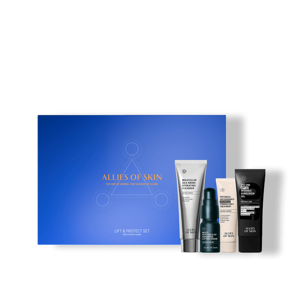 Skincare product set with a blue box labeled 'Allies of Skin' on a white background