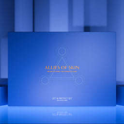 Blue gift set packaging with 'Allies of Skin' branding on a blue background