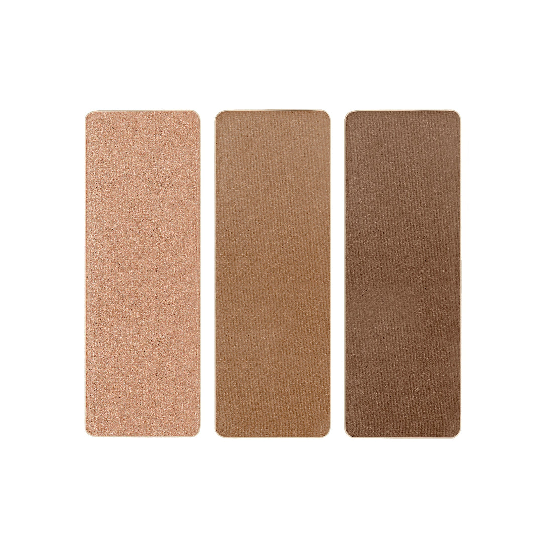 Three rectangular brown carpet samples on a white background
