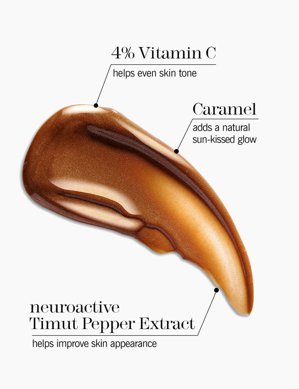 Cosmetic swatch with text describing ingredients and benefits on a white background