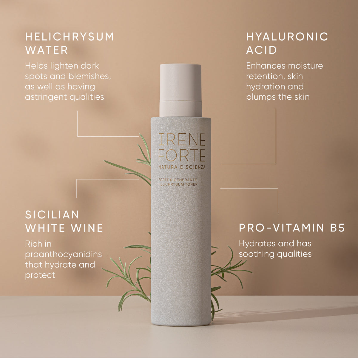 Irene Forte skincare product with ingredients listed on a beige background