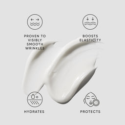 Skincare product with text indicating its benefits on a light gray background