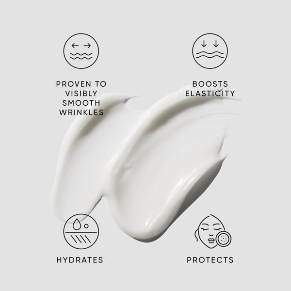 Skincare product with text indicating its benefits on a light gray background