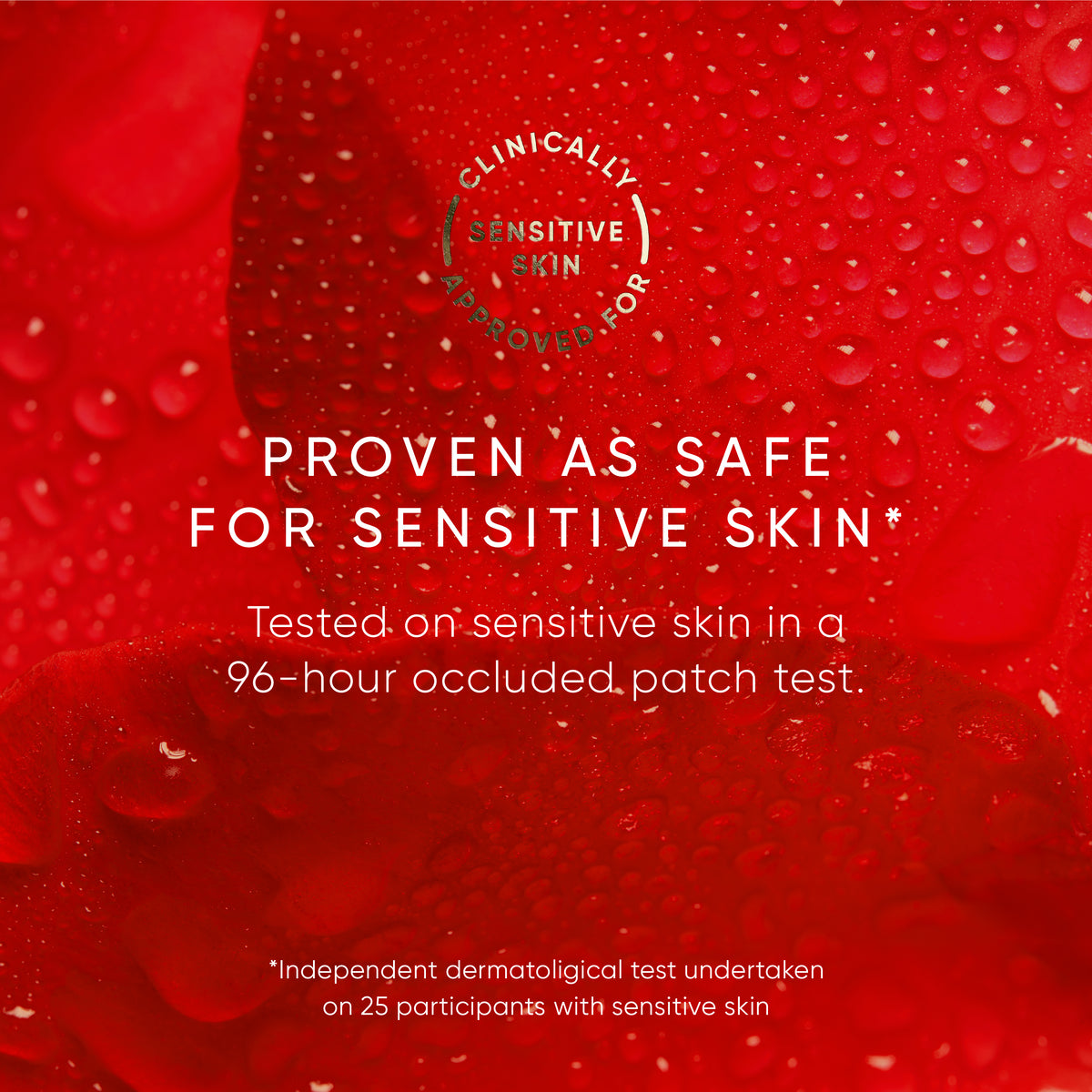 Red background with water droplets and text about proven safety for sensitive skin.