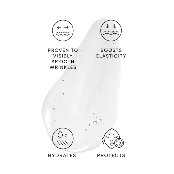 White droplet with icons and text describing skincare benefits on a white background