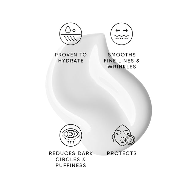 Skincare product with icons and text describing its benefits on a white background