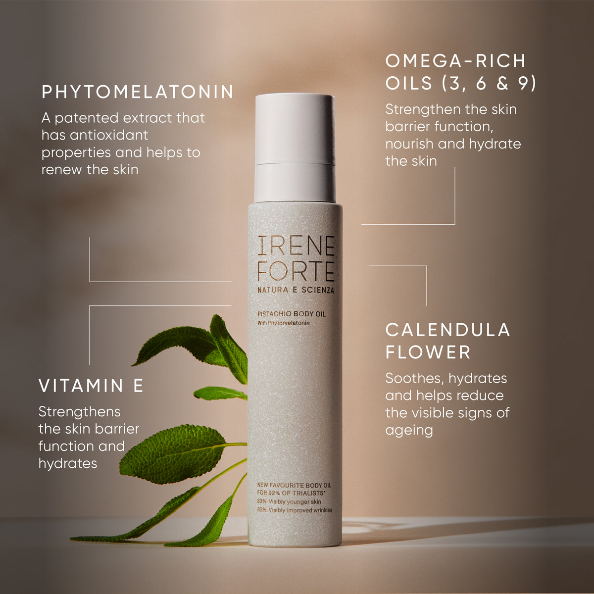 Irene Forte body oil bottle with botanical elements and text about ingredients on a gradient background