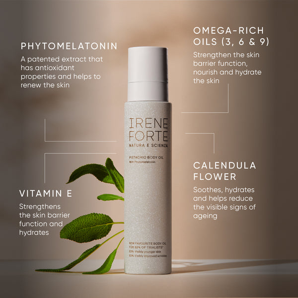 Irene Forte body oil bottle with botanical elements and text about ingredients on a gradient background