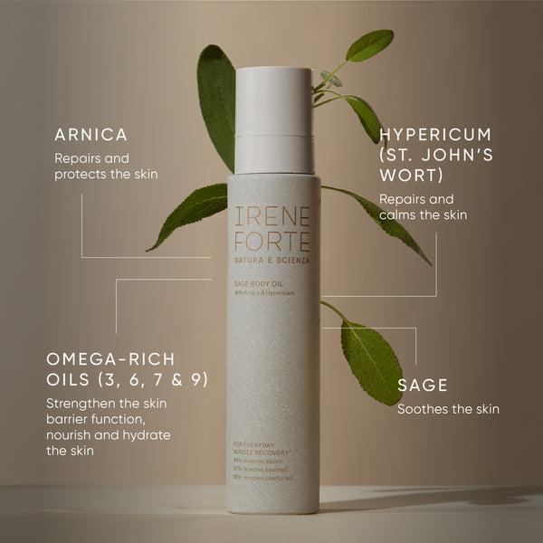 Irene Forte skincare product with botanical elements on a beige background
