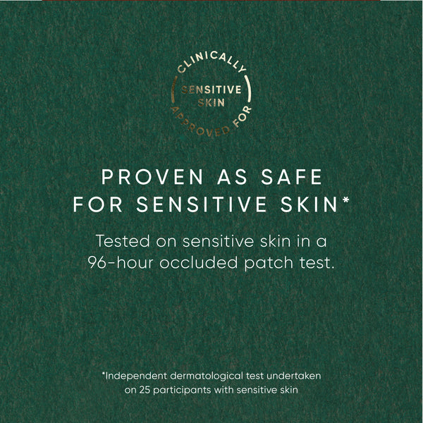 Text on a green background indicating that a product is clinically approved for sensitive skin and has been tested on 25 participants with sensitive skin.