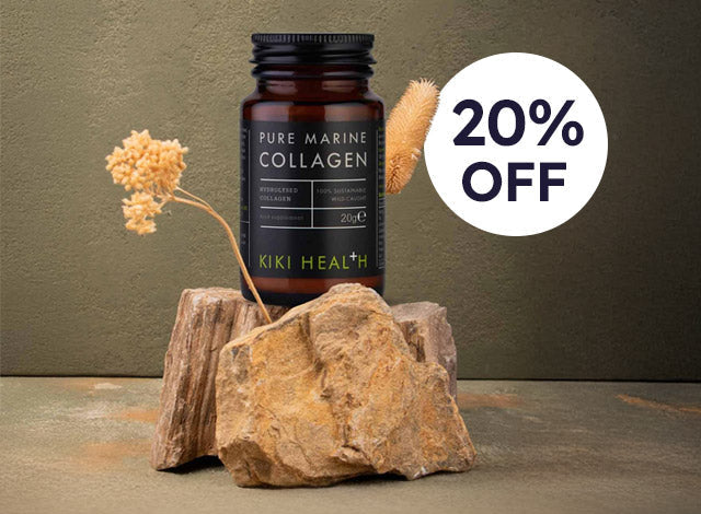Kiki Health Pure Marine Collagen bottle on a stone surface with a 20% off label.