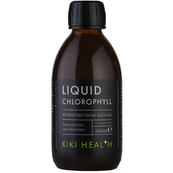 Black bottle of KIKI Health Liquid Chlorophyll on a white background