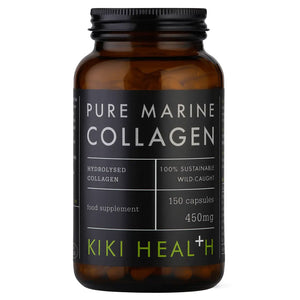 Brown supplement bottle labeled 'Pure Marine Collagen' by KIKI Health on a white background