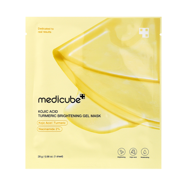 Medicube Kojic Acid Turmeric Brightening Gel Mask in a pale yellow foil packet with a translucent yellow gel mask graphic and product text.